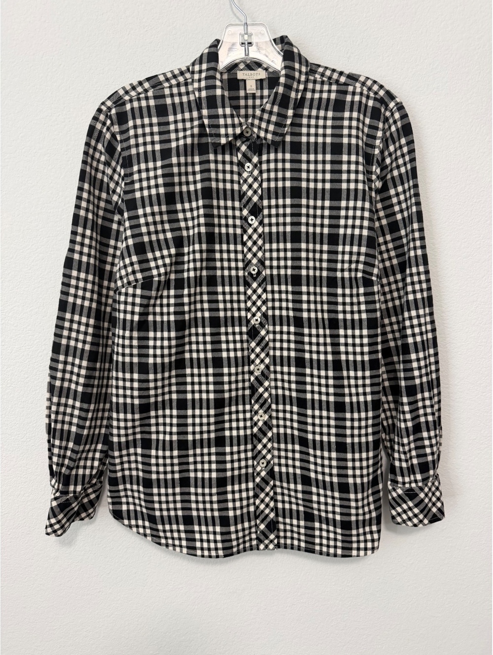 Talbots Long Sleeve Button Up Silver Strip Plaid Cotton Shirt Women's Size S